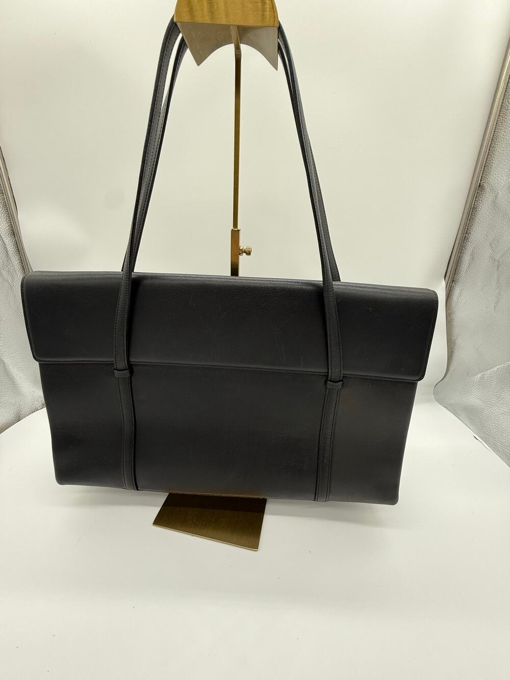 Cartier Paris Vintage Black Smooth Leather Cabochon Shoulder Flap Bag